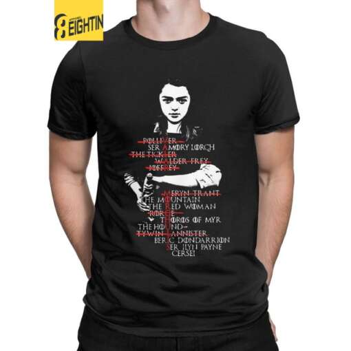 T-särk Arya Starkiga hallil taustal, särgil Arya Starki illustratsioon ja Game of Thrones logo
