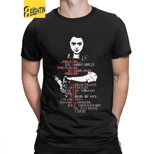 T-särk Arya Starkiga hallil taustal, särgil Arya Starki illustratsioon ja Game of Thrones logo