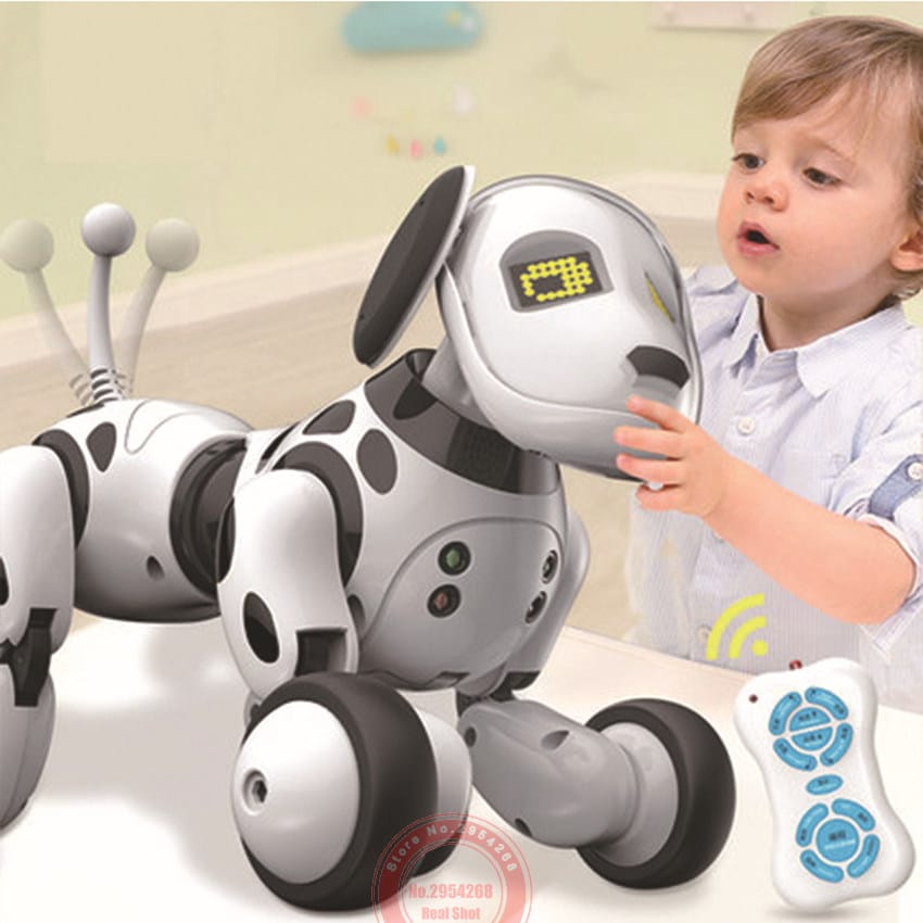 hall ja musta täpiline robot-koer ratastel, kõrval laps ja pult
