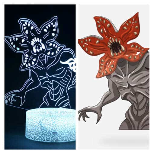3D lamp demogorgon LED valgustusega, kuvatud külgvaates mustal taustal