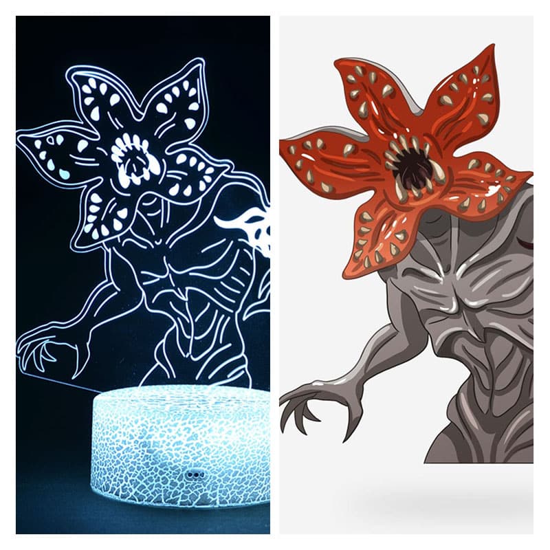 3D lamp demogorgon LED valgustusega, kuvatud külgvaates mustal taustal
