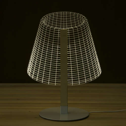 omapärane LED öölamp valgustamas öökappi minimalistlikus magamistoas
