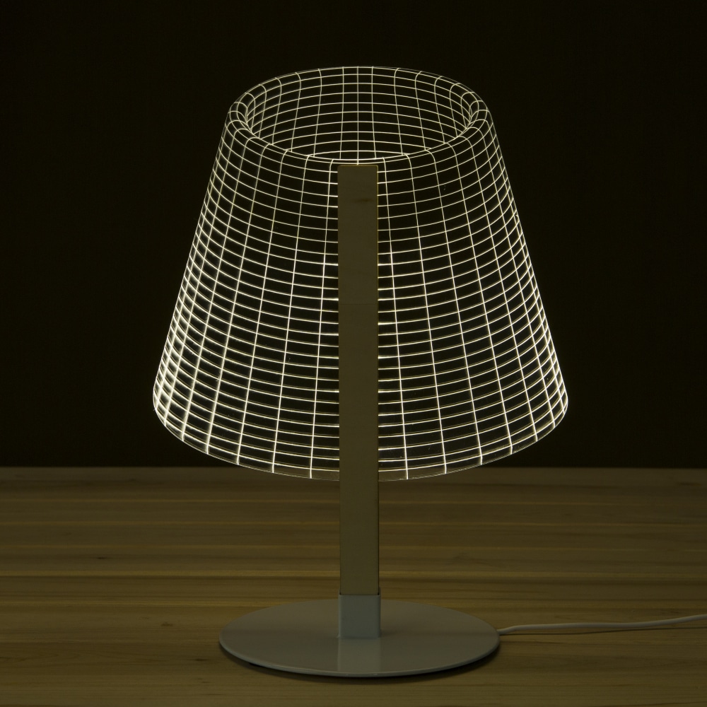 omapärane LED öölamp valgustamas öökappi minimalistlikus magamistoas