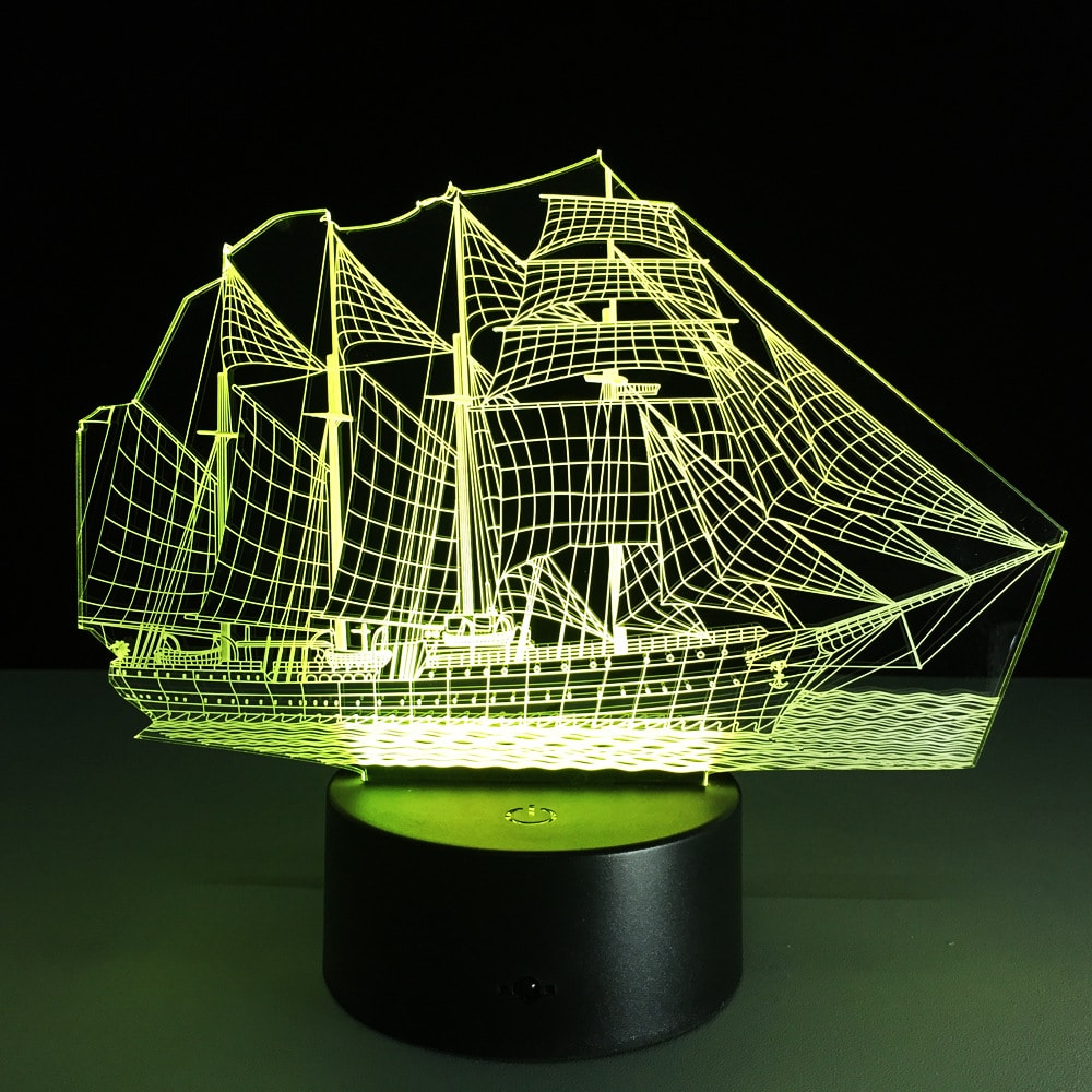 3D lamp laevakuju LED valgustusega öölambina pimedas toas
