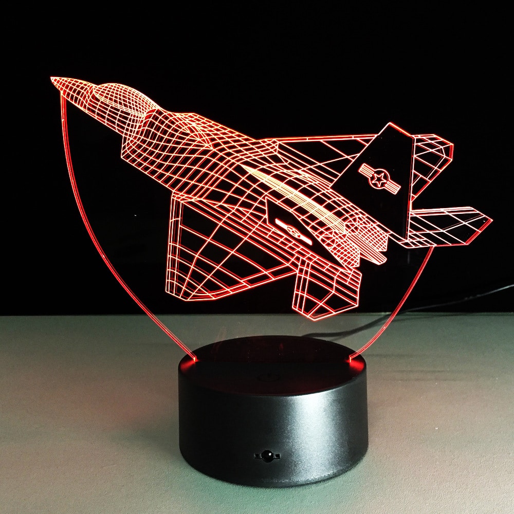 3D lamp lennuki kujutisega pimedas toas