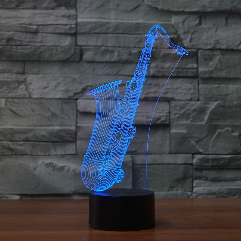 3D lamp saksofon kujutis, valgustatud saksofoni kujuline lamp, muusikateemaline dekoratiivlamp, öövalgusti saksofonikujundusega