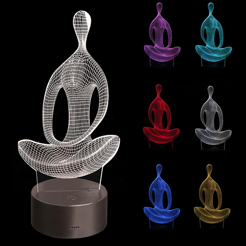 3D lamp jooga asendis istuvate figuuridega mustal alusel koos värvilise LED-valgustusega