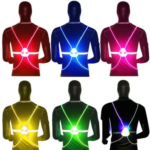 led valgustiga vest sportimiseks mikrokiudmaterjalist piht 60-100 cm seljas vaade eest ja küljelt