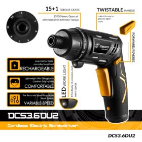 deko dcs3.6du2 juhtmeta kruvikeeraja musta ja kollase korpusega aku ja laadijaga