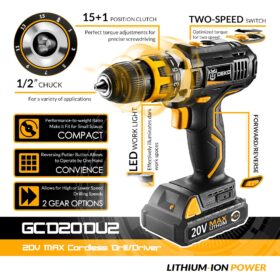 deko gcd20du2y juhtmeta puur, 20v, 1,39 kg, 1600rpm, 42n.m, võtmeta padrun, led valgusti, puidu ja terase puurimine