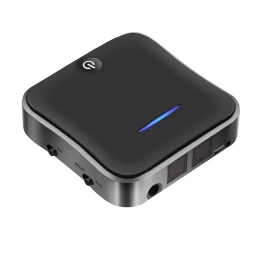 bluetooth 5.0 transmitter mustas korpuses valgel taustal