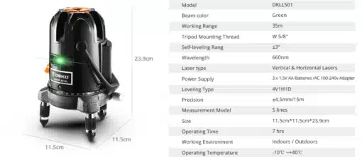 deko ll57 s2 5 roheline laser, must ja roheline, mõõdud 19x12x12cm, ABS ja metall, vertikaalne ja horisontaalne laser
