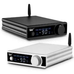hifi stereo võimendi esikülg koos nuppude ja ekraaniga