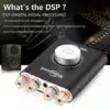 digitaalne stereo helivõimendi must bluetooth 5.0 mõõdud 78x90x23mm kaal 160g helisisend bluetooth aux väljund kõlaripistikud kõrvaklapid