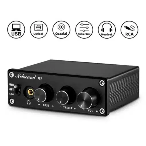 hifi usb analoogmuundur mustas alumiiniumkorpuses koos ühenduskaablitega