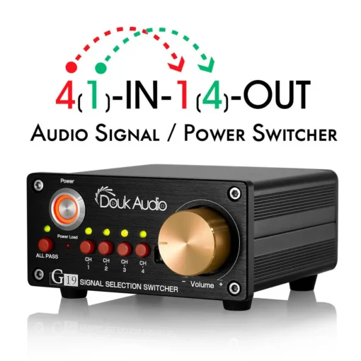 hi-end 4-suunaline stereo mustas alumiiniumkorpuses koos kaugjuhtimispuldi ja kuldsete RCA terminalidega