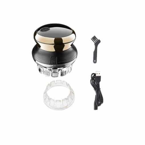 Stiilne must ja kuldne Omapärane ümar juukselõikusmasin koos läbipaistva lisatarvikuga, väike puhastushari ja USB-laadimiskaabel valgel taustal.