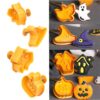oranžid Halloweeni teemalised küpsisevormid, mis kujutavad kõrvitsat, kummitust, nõiamütsi ja maja