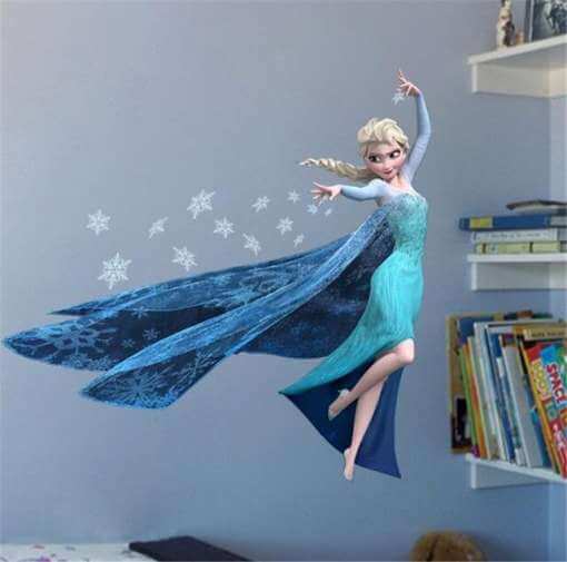 sinises kleidis printsess Elsa seinakleebis, lumetähed ümberringi