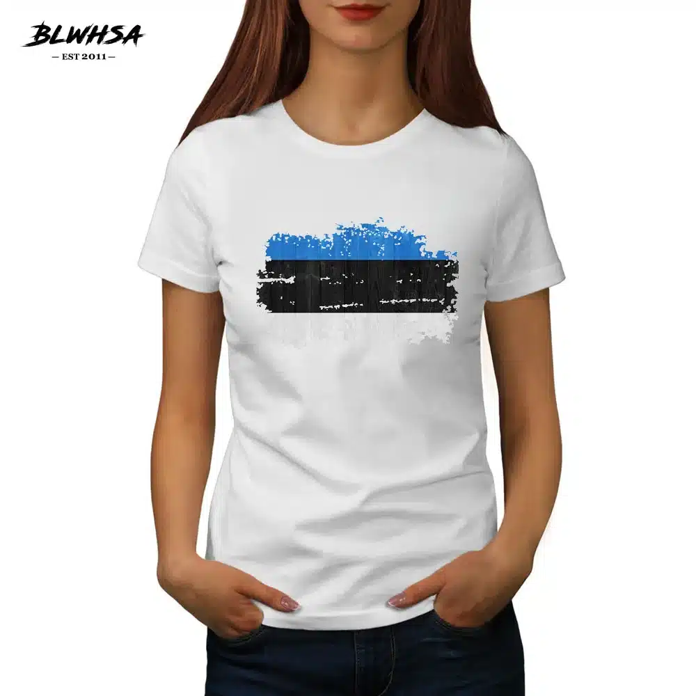 BLWHSA Estonia National Flag T-shirt For Women New Short Sleeve O neck T Shirt Female Nostalgic Style Summer Cotton Top Tee 10