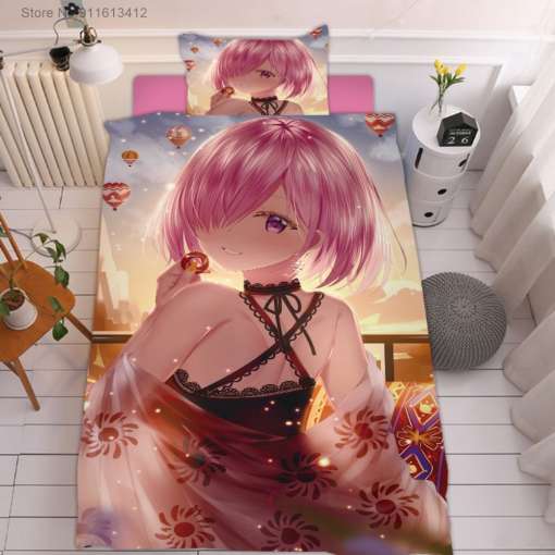 voodipesu anime tüdrukuga, roosade juustega ja musta kleidiga
