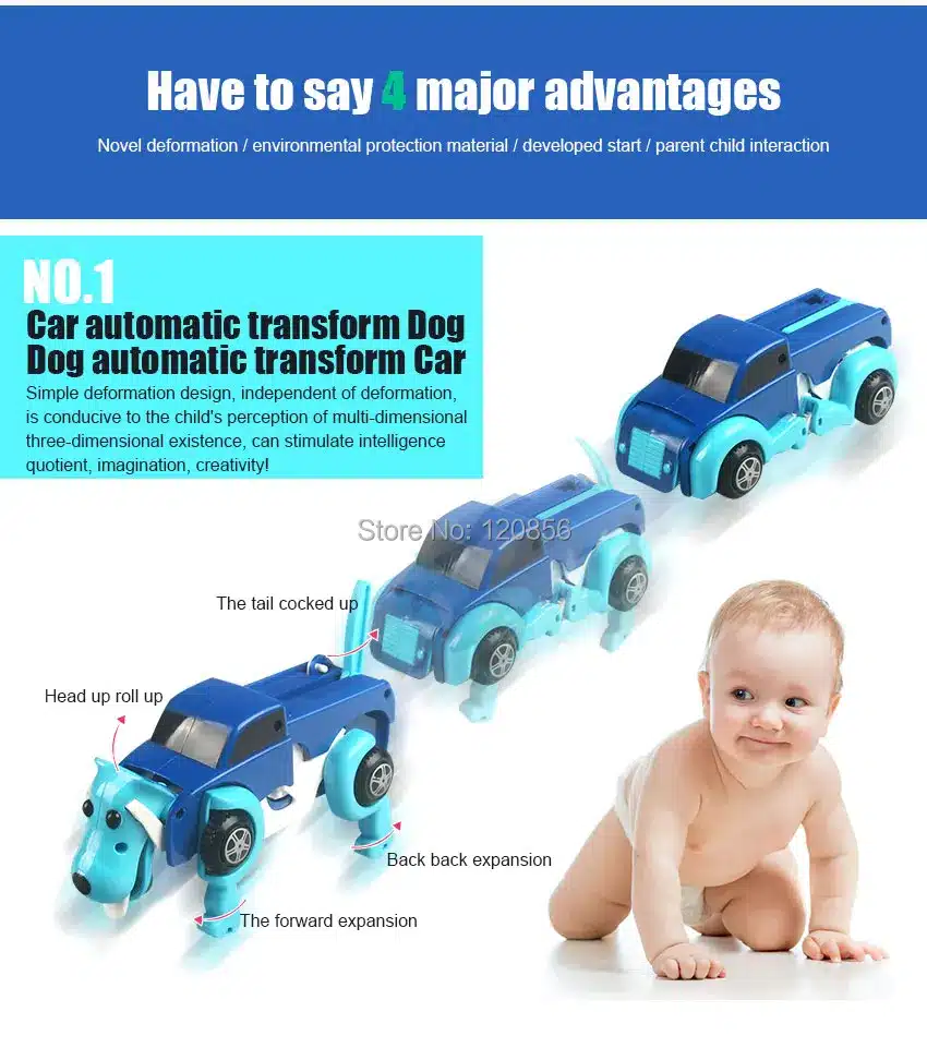 sinine ja must transformeeruv auto-koer mänguasi, mis muutub autost koeraks