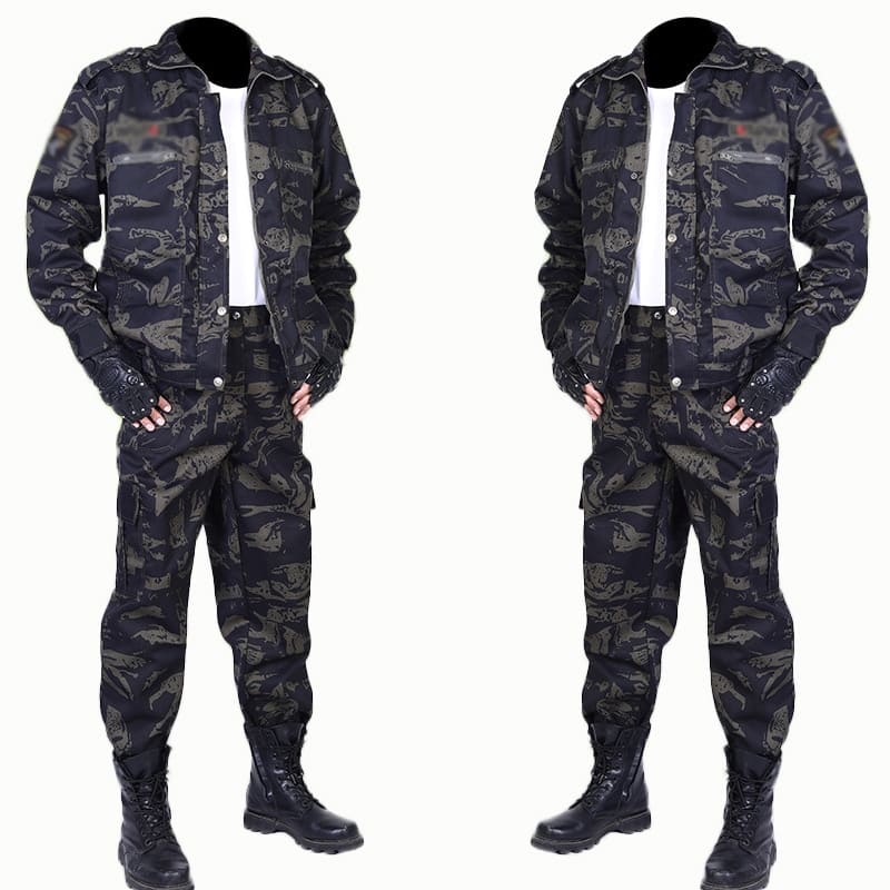 militaarstiilis musta ja halli mustriga jakk ja püksid meestele
