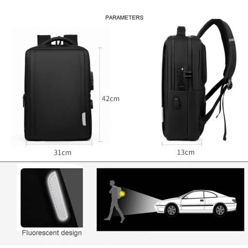 must suur seljakott, millel on helkurelemendid ja USB laadimisport