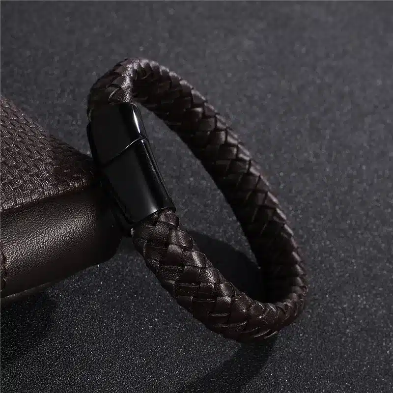 Jiayiqi 2017 Men Jewelry Punk Black Braided Geunine Leather Bracelet Stainless Steel Magnetic Buckle Fashion Bangles 22/20.5cm 29
