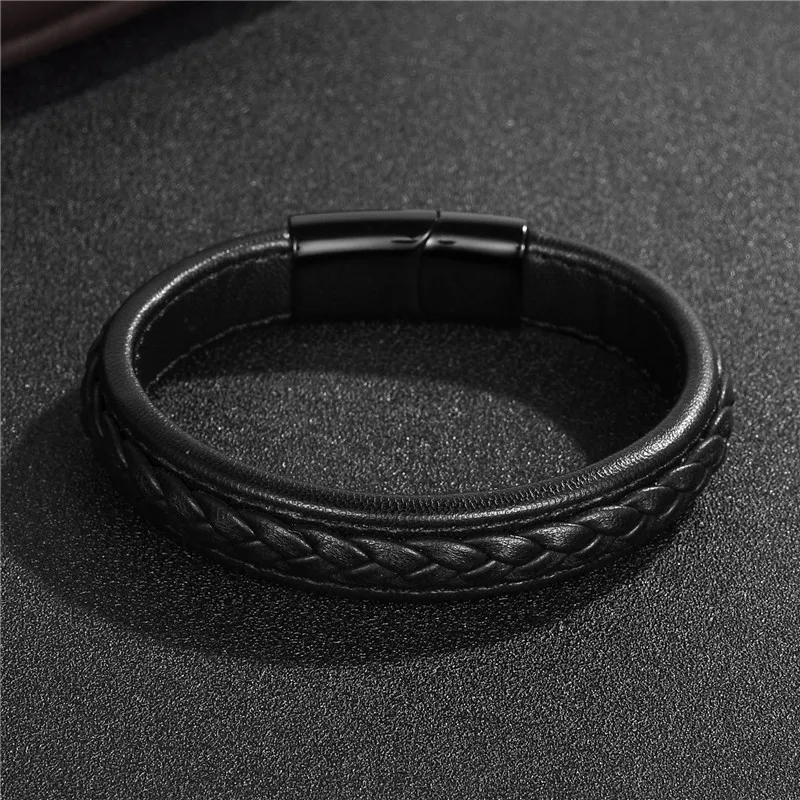 Jiayiqi 2017 Men Jewelry Punk Black Braided Geunine Leather Bracelet Stainless Steel Magnetic Buckle Fashion Bangles 22/20.5cm 30
