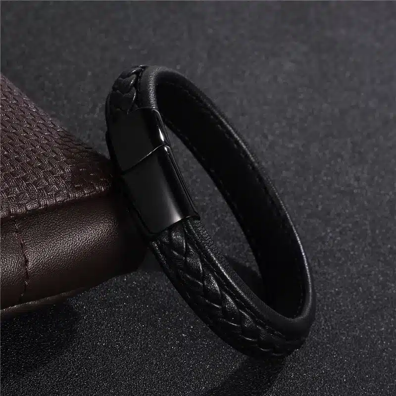 Jiayiqi 2017 Men Jewelry Punk Black Braided Geunine Leather Bracelet Stainless Steel Magnetic Buckle Fashion Bangles 22/20.5cm 31