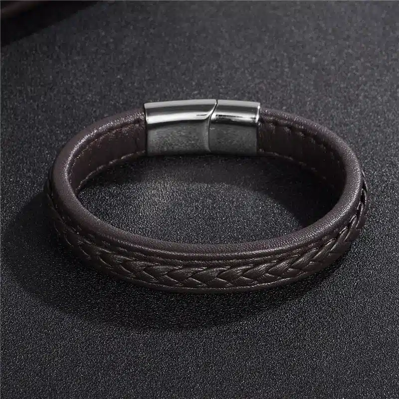 Jiayiqi 2017 Men Jewelry Punk Black Braided Geunine Leather Bracelet Stainless Steel Magnetic Buckle Fashion Bangles 22/20.5cm 32