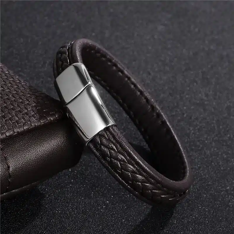 Jiayiqi 2017 Men Jewelry Punk Black Braided Geunine Leather Bracelet Stainless Steel Magnetic Buckle Fashion Bangles 22/20.5cm 33