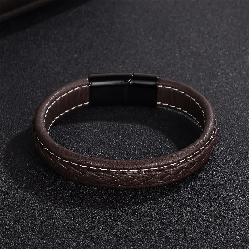 Jiayiqi 2017 Men Jewelry Punk Black Braided Geunine Leather Bracelet Stainless Steel Magnetic Buckle Fashion Bangles 22/20.5cm 34