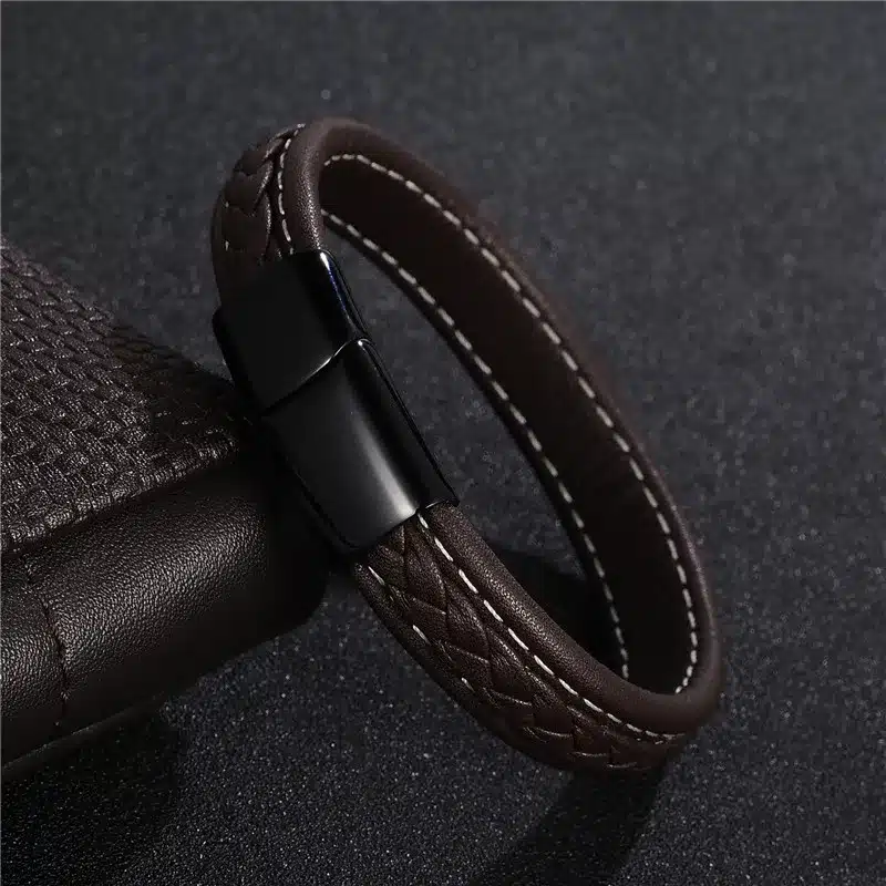 Jiayiqi 2017 Men Jewelry Punk Black Braided Geunine Leather Bracelet Stainless Steel Magnetic Buckle Fashion Bangles 22/20.5cm 35