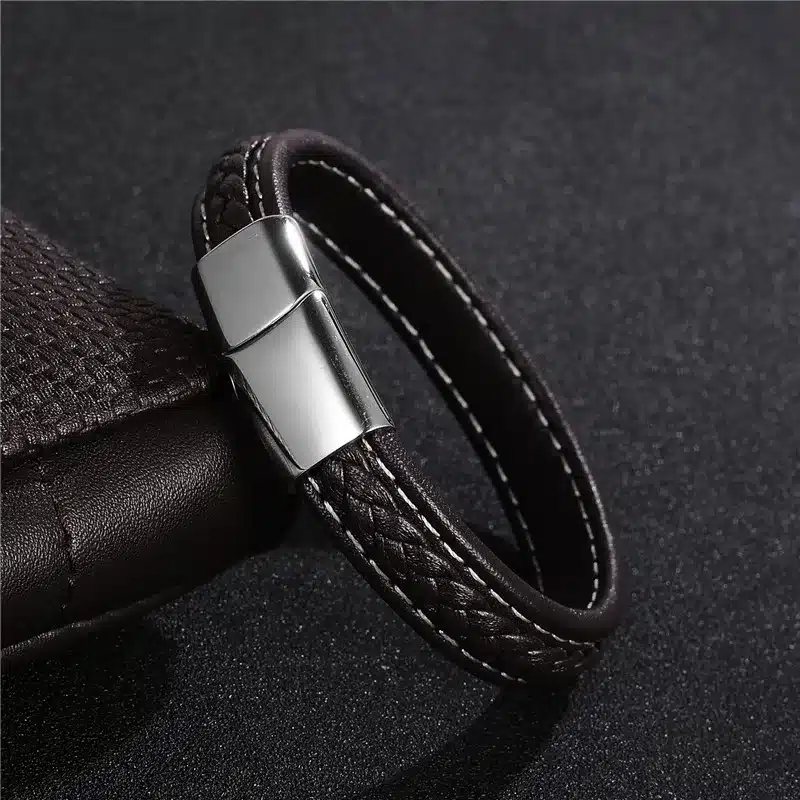 Jiayiqi 2017 Men Jewelry Punk Black Braided Geunine Leather Bracelet Stainless Steel Magnetic Buckle Fashion Bangles 22/20.5cm 37