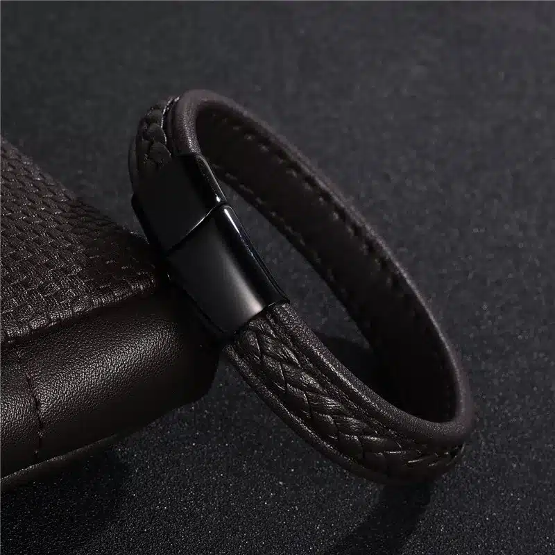 Jiayiqi 2017 Men Jewelry Punk Black Braided Geunine Leather Bracelet Stainless Steel Magnetic Buckle Fashion Bangles 22/20.5cm 39