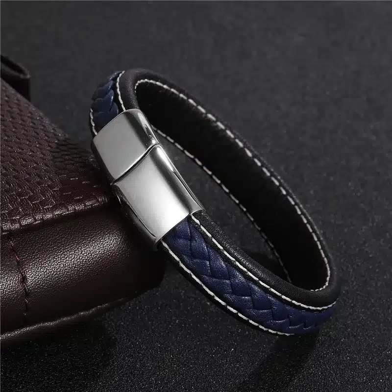 Jiayiqi 2017 Men Jewelry Punk Black Braided Geunine Leather Bracelet Stainless Steel Magnetic Buckle Fashion Bangles 22/20.5cm 41
