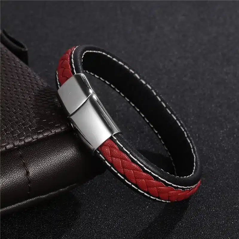 Jiayiqi 2017 Men Jewelry Punk Black Braided Geunine Leather Bracelet Stainless Steel Magnetic Buckle Fashion Bangles 22/20.5cm 43