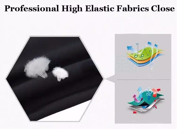 must elastne kangas koos graafiliste illustratsioonidega, mis näitavad materjali hingavust ja vastupidavust