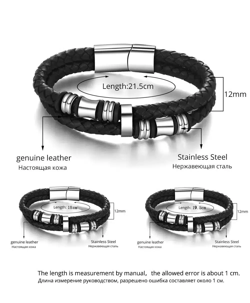 Stainless Steel Men Bracelet Genuine Leather Bracelets & Bangles Man Jewelry 185mm 200mm 215mm Gift For Men (JewelOra BA101174) 21