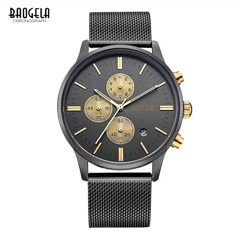 BAOGELA Chronograph Men's quartz-watch Stainless Steel Mesh Band Gold Watches Slim Men Watches Multi-function Sports Wristwatch 1