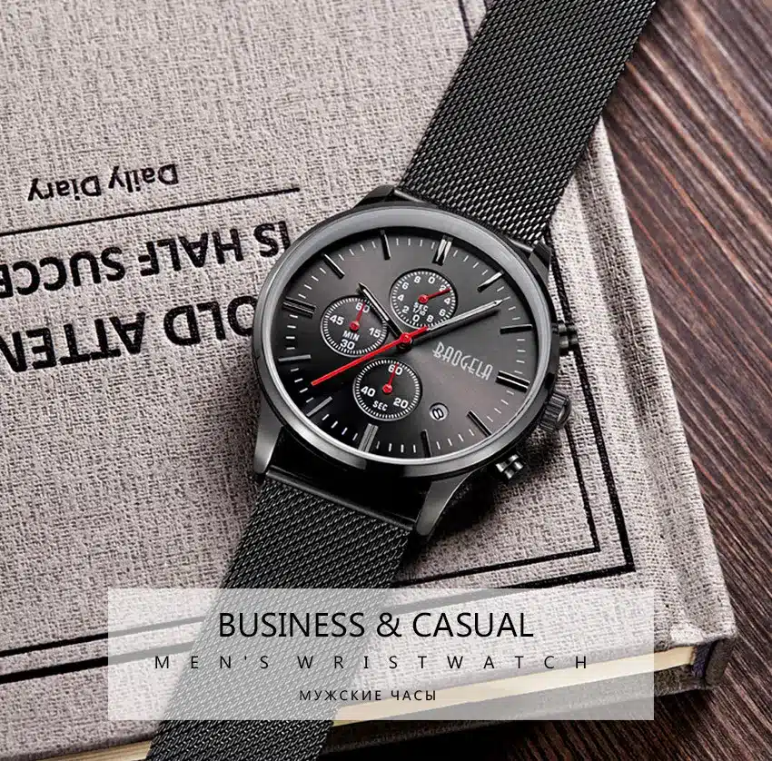 BAOGELA Chronograph Men's quartz-watch Stainless Steel Mesh Band Gold Watches Slim Men Watches Multi-function Sports Wristwatch 3