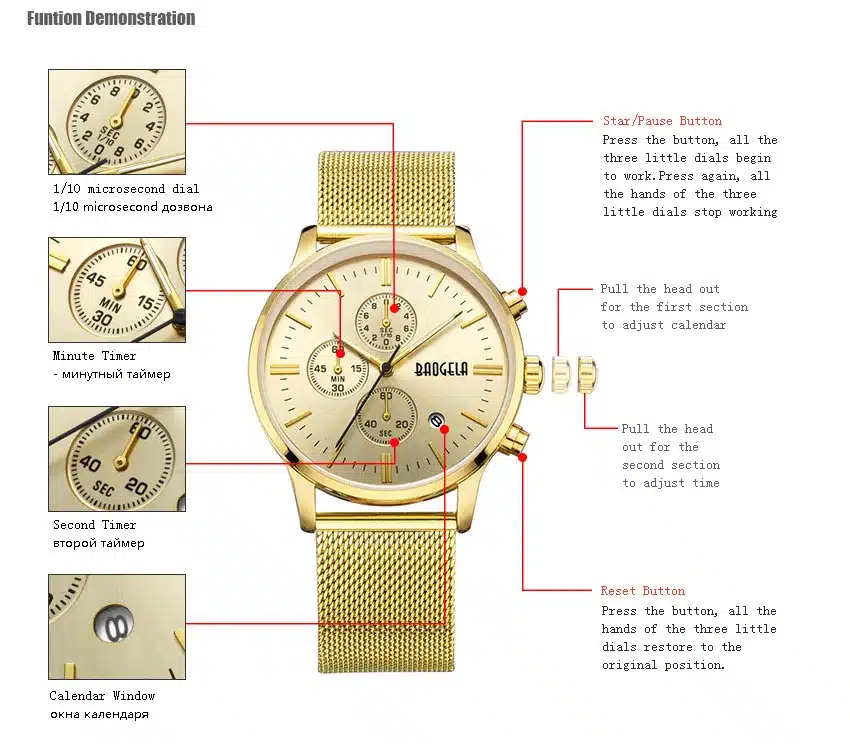 BAOGELA Chronograph Men's quartz-watch Stainless Steel Mesh Band Gold Watches Slim Men Watches Multi-function Sports Wristwatch 6