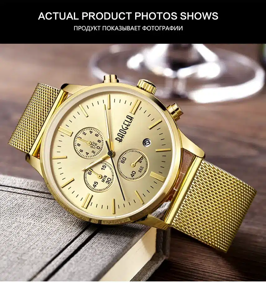 BAOGELA Chronograph Men's quartz-watch Stainless Steel Mesh Band Gold Watches Slim Men Watches Multi-function Sports Wristwatch 7
