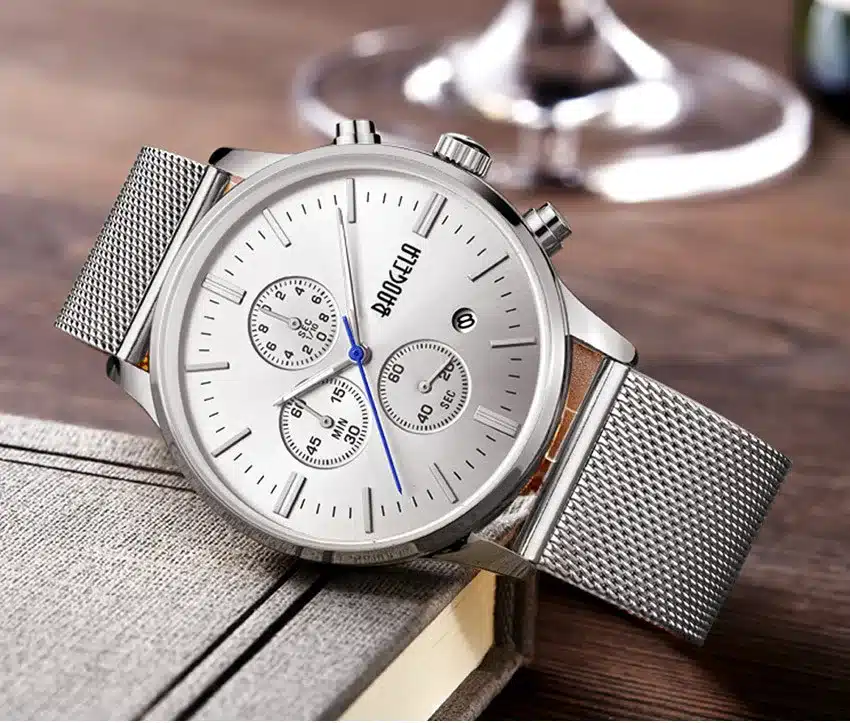 BAOGELA Chronograph Men's quartz-watch Stainless Steel Mesh Band Gold Watches Slim Men Watches Multi-function Sports Wristwatch 9