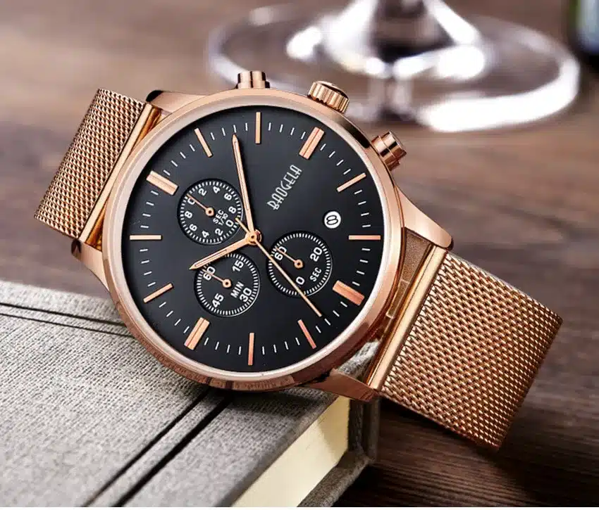 BAOGELA Chronograph Men's quartz-watch Stainless Steel Mesh Band Gold Watches Slim Men Watches Multi-function Sports Wristwatch 10