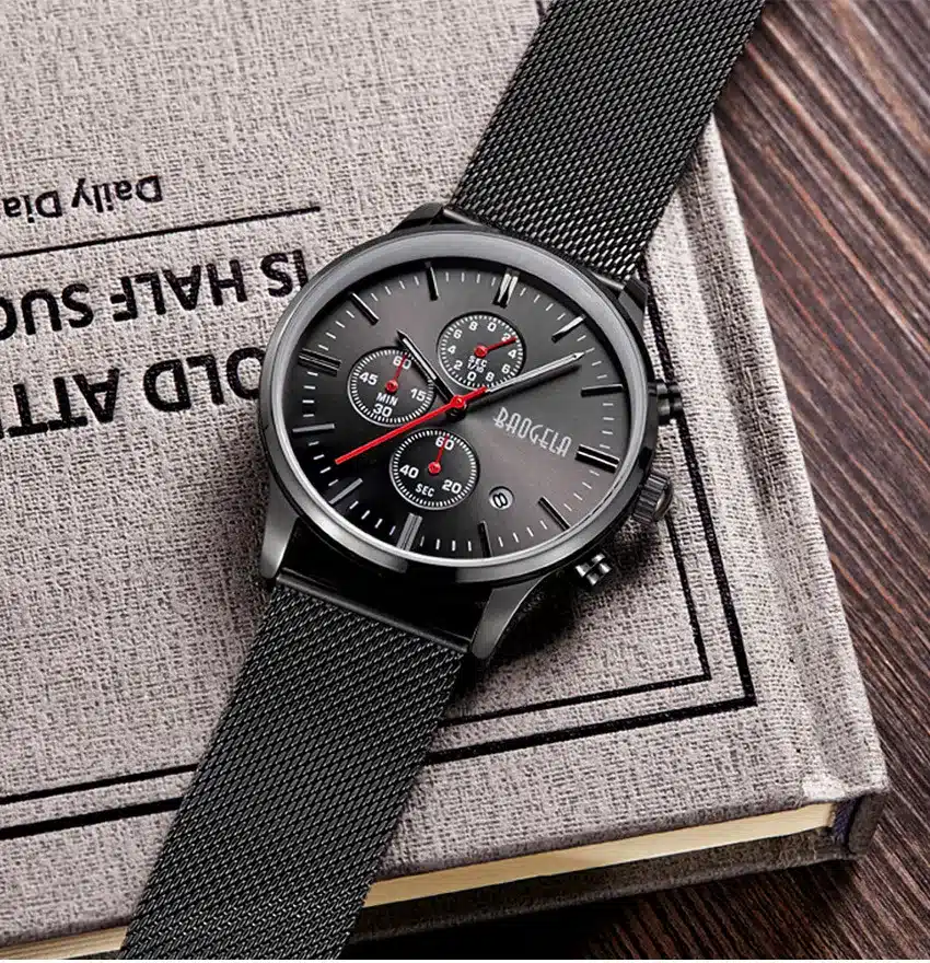 BAOGELA Chronograph Men's quartz-watch Stainless Steel Mesh Band Gold Watches Slim Men Watches Multi-function Sports Wristwatch 11