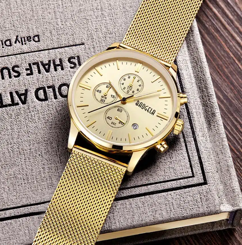 BAOGELA Chronograph Men's quartz-watch Stainless Steel Mesh Band Gold Watches Slim Men Watches Multi-function Sports Wristwatch 12