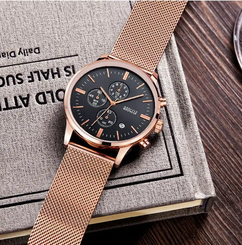 BAOGELA Chronograph Men's quartz-watch Stainless Steel Mesh Band Gold Watches Slim Men Watches Multi-function Sports Wristwatch 14